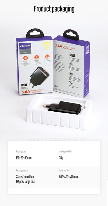 JOYROOM HKL-USB59 Sharp Series 3.4A Intelligent Digital Travel Wall Charger (3 USB) – EU Plug
