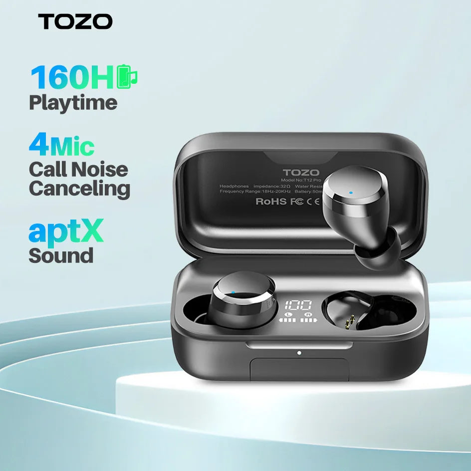 TOZO T12 Pro Wireless Bluetooth Earbuds with 4 Mics Noise Cancelling & 160 Hours Playtime