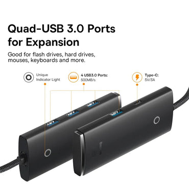 Baseus Lite Series 4-Port USB-A HUB Adapter (USB-A to USB 3.0*4) 25cm Black