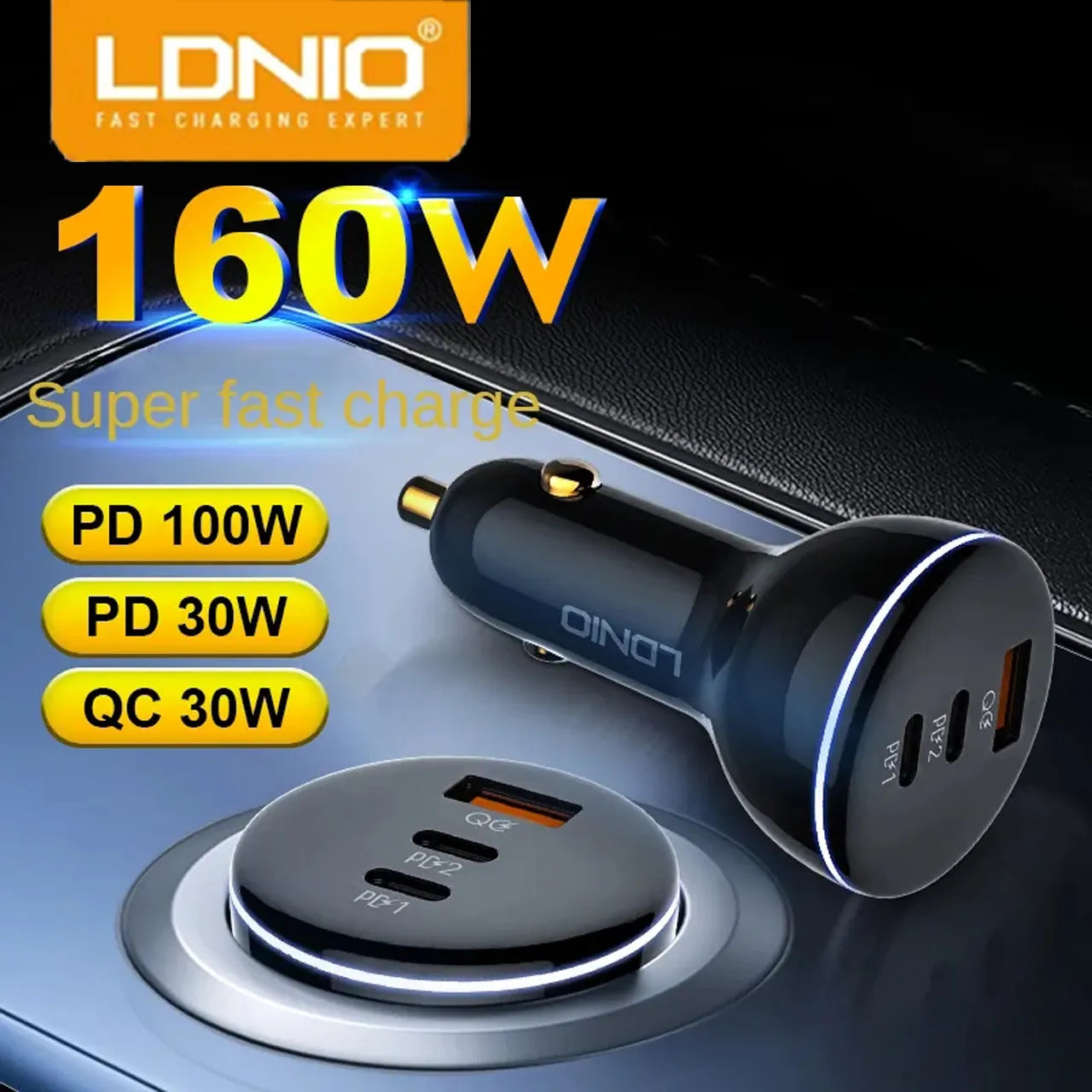 LDNIO 160W 2C+U Full Protocol Quick Car Charger With Type-C To Type – C Cable