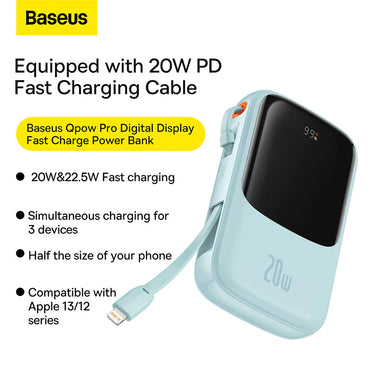 Baseus Qpow Pro 20W Digital Display Fast Charge Power Bank 10000mAh With iPhone Cable Blue