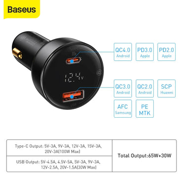 Baseus Superme Digital Display PPS Dual 100W Car Charger Black With Type C to Type C Cable