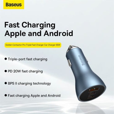 Baseus 65W Golden Contactor Pro Triple Fast Charging Car Charger USB + Dual Type C Port Dark Gray