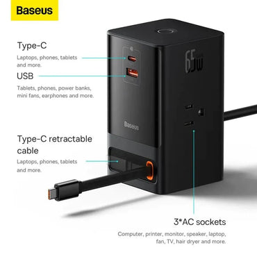 Baseus PowerCombo Digital Power Strip 3AC + USB + Type C+ Retractable-C 65W With 1.5m Power Cord CN Black