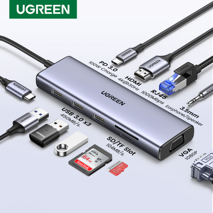 UGREEN USB C Hub Type C Adapter 3.1 with HDMI VGA, Power Delivery Charging,  Gigabit Ethernet Port, 3 USB 3.0 Ports, Micro SD Card Reader for Apple