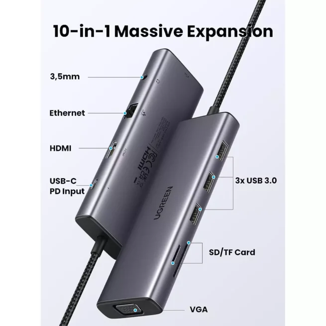 HUB 10 in 1 - USB-C, Audio, LAN, HDMI, VGA, SD, Micro SD, 3x USB